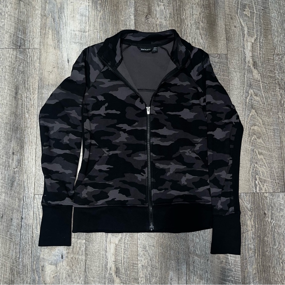 Athleta Triumph‎ Black Camo Luxe Full Zip Sweatshirt Jacket #983002 Small Black